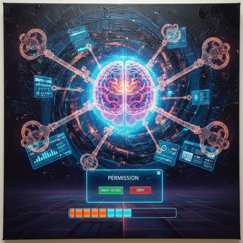 A neon-lit human brain glows at the center of a dark, futuristic grid. Ornate keys radiate inward like spokes, while translucent HUD panels with charts orbit the brain. At the bottom, a floating dialog labeled “PERMISSION” shows Grant Access and Deny buttons above a nearly complete progress bar.
